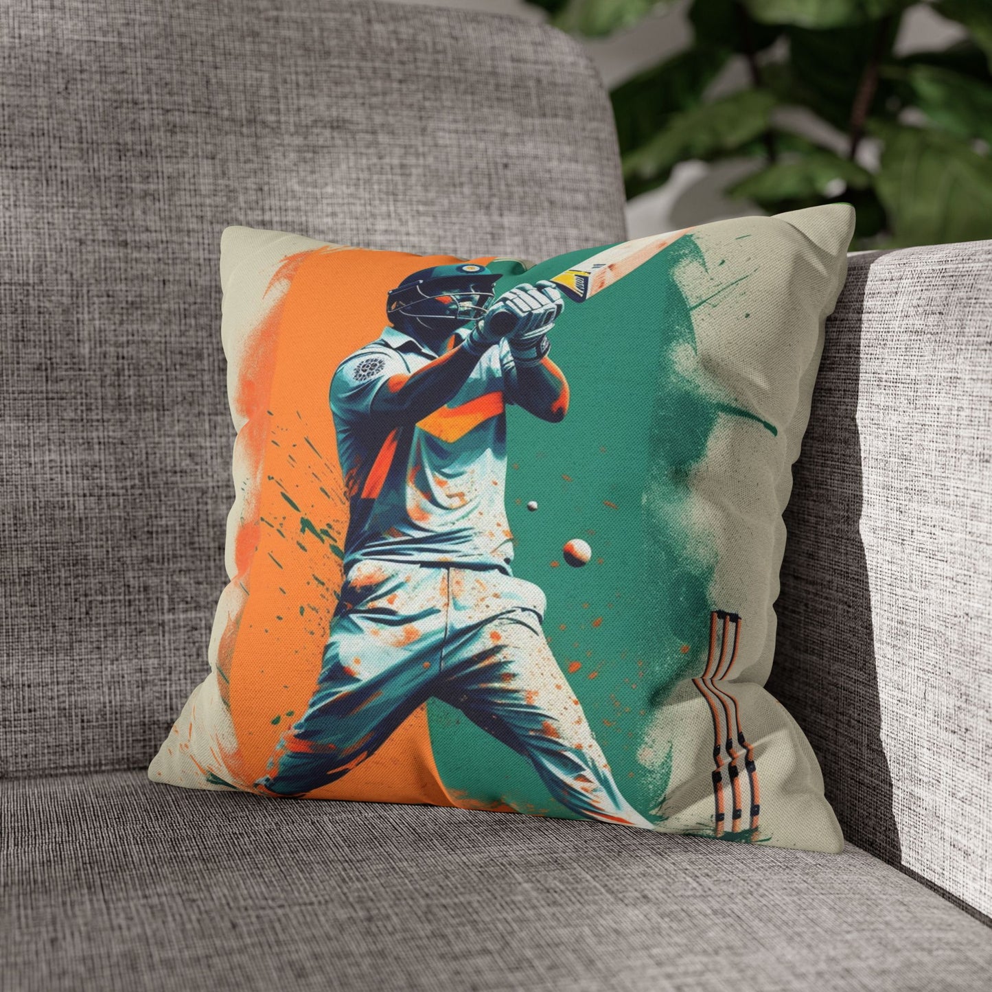 Cricket Batsman, Ball Strike, Indian Flag Color Background - Street Style - Spun Polyester Square Pillow Case