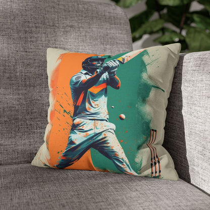 Cricket Batsman, Ball Strike, Indian Flag Color Background - Street Style - Spun Polyester Square Pillow Case