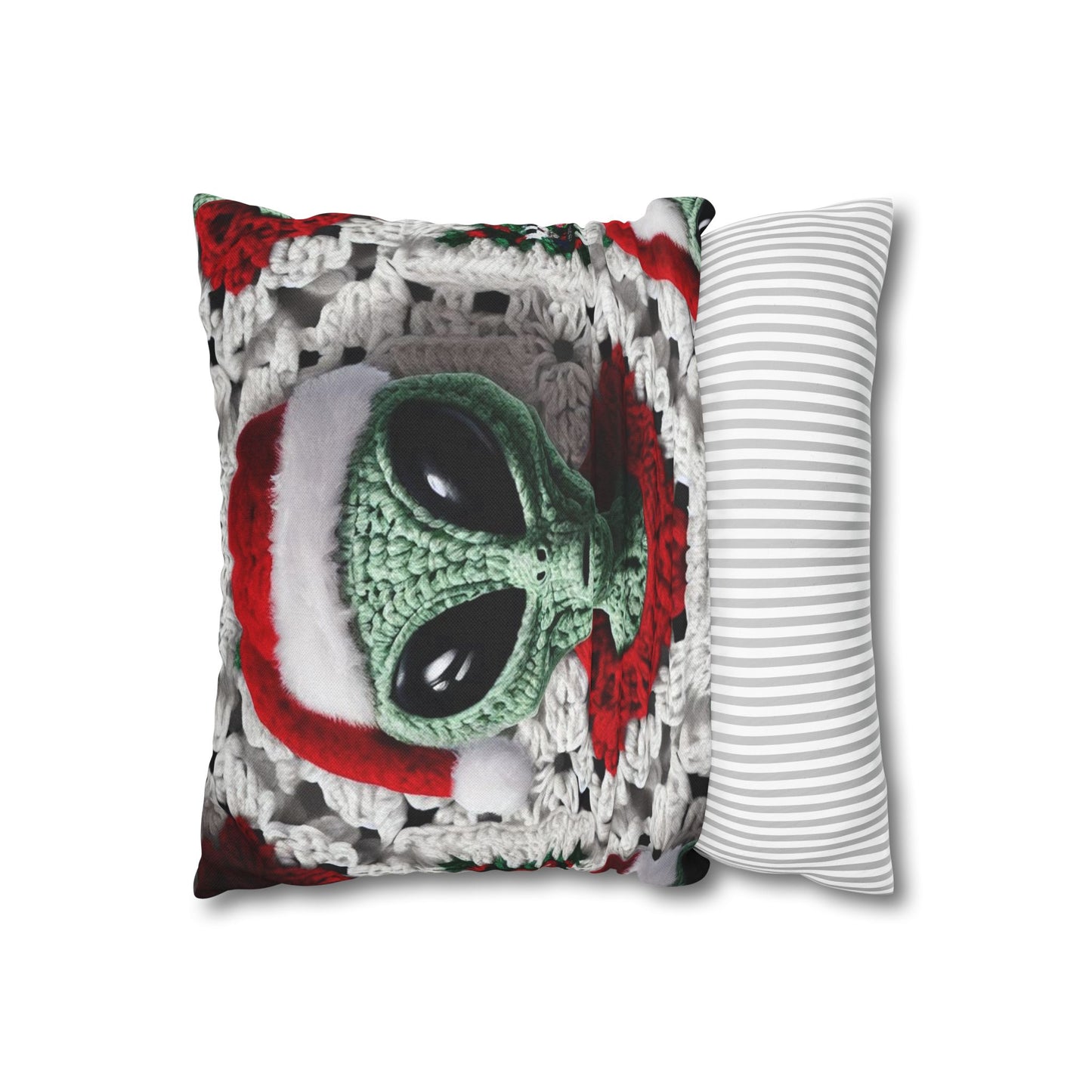 Santa's Cosmic Secret: Jolly Green Christmas Extraterrestrial with Festive Attire Crochet Art - Spun Polyester Square Pillow Case