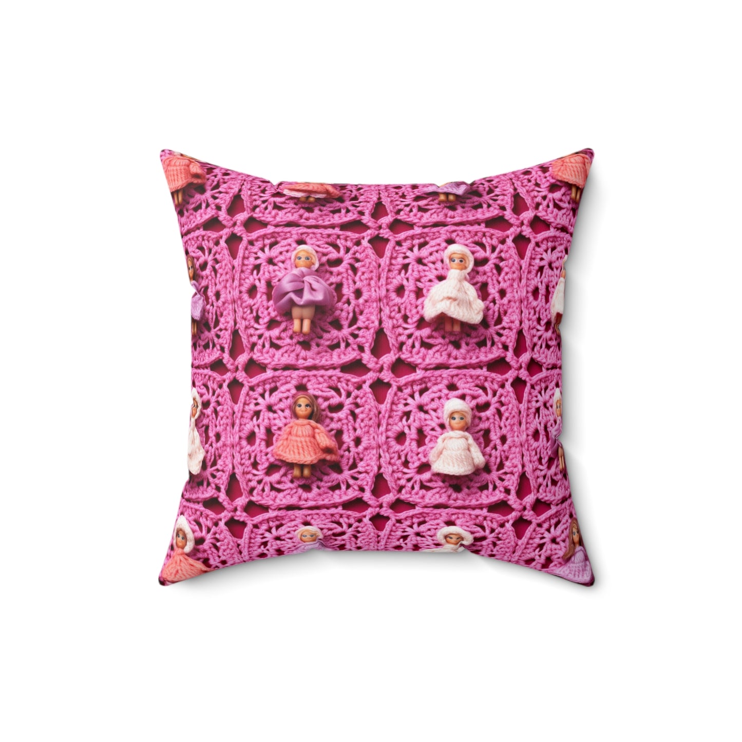 Barbie Dolls on Granny Squares: Realistic Pink Toy Design - Spun Polyester Square Pillow