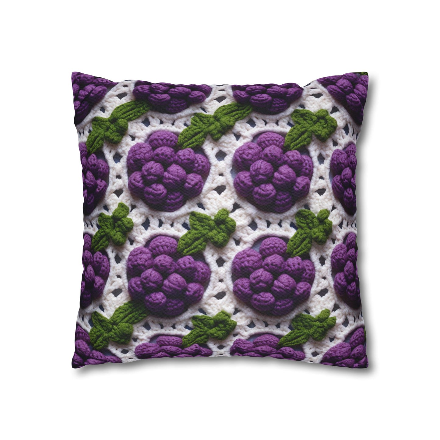 Crochet Grapes Pattern - Granny Square Design - Fresh Fruit Pick - Orchard Purple Snack Food - Spun Polyester Square Pillow Case