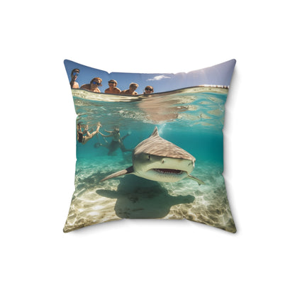 Peaceful Bull Shark with Swimmers: Ocean Scene - Perfect for Sea Lovers - Spun Polyester Square Pillow