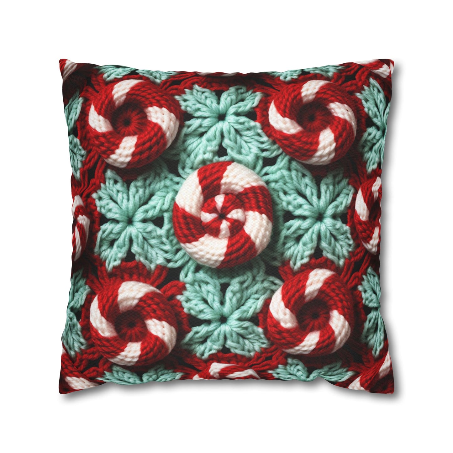 Christmas Crochet Candy Cane - Pepper Red Crystal White Holiday Pattern - Spun Polyester Square Pillow Case