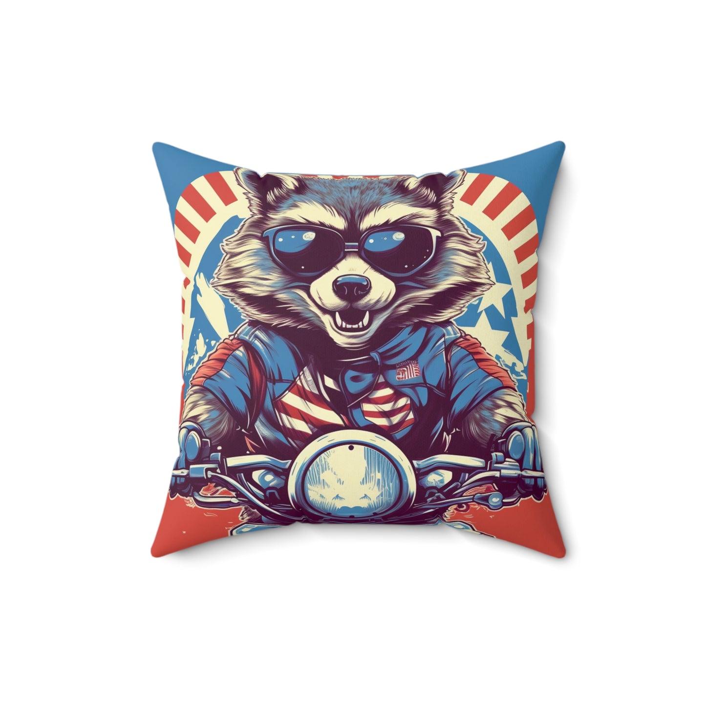 Raccoon Motorcycle Bike Rider Furry Animal Graphic Spun Polyester Square Pillow