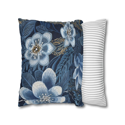 Flower Blossom Embroidery Floral on Denim Style - Spun Polyester Square Pillow Case