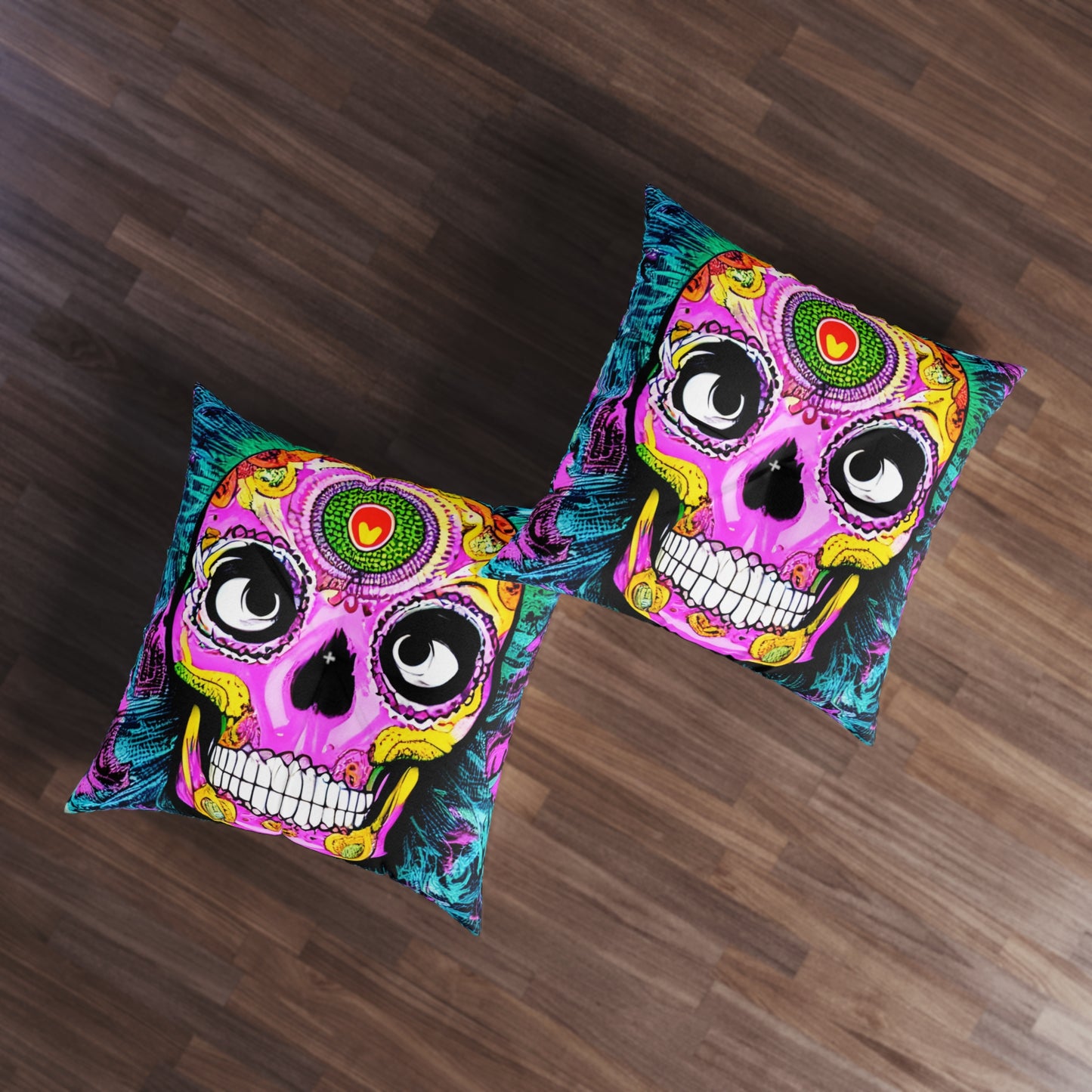 Trippy psychedelic Skull Skeleton Head Face Tufted Floor Pillow, Square