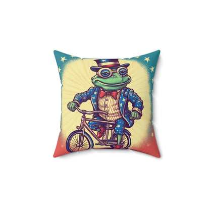 USA Frog Patriotic Indepencence Day 4th of July Bike Rider Spun Polyester Square Pillow