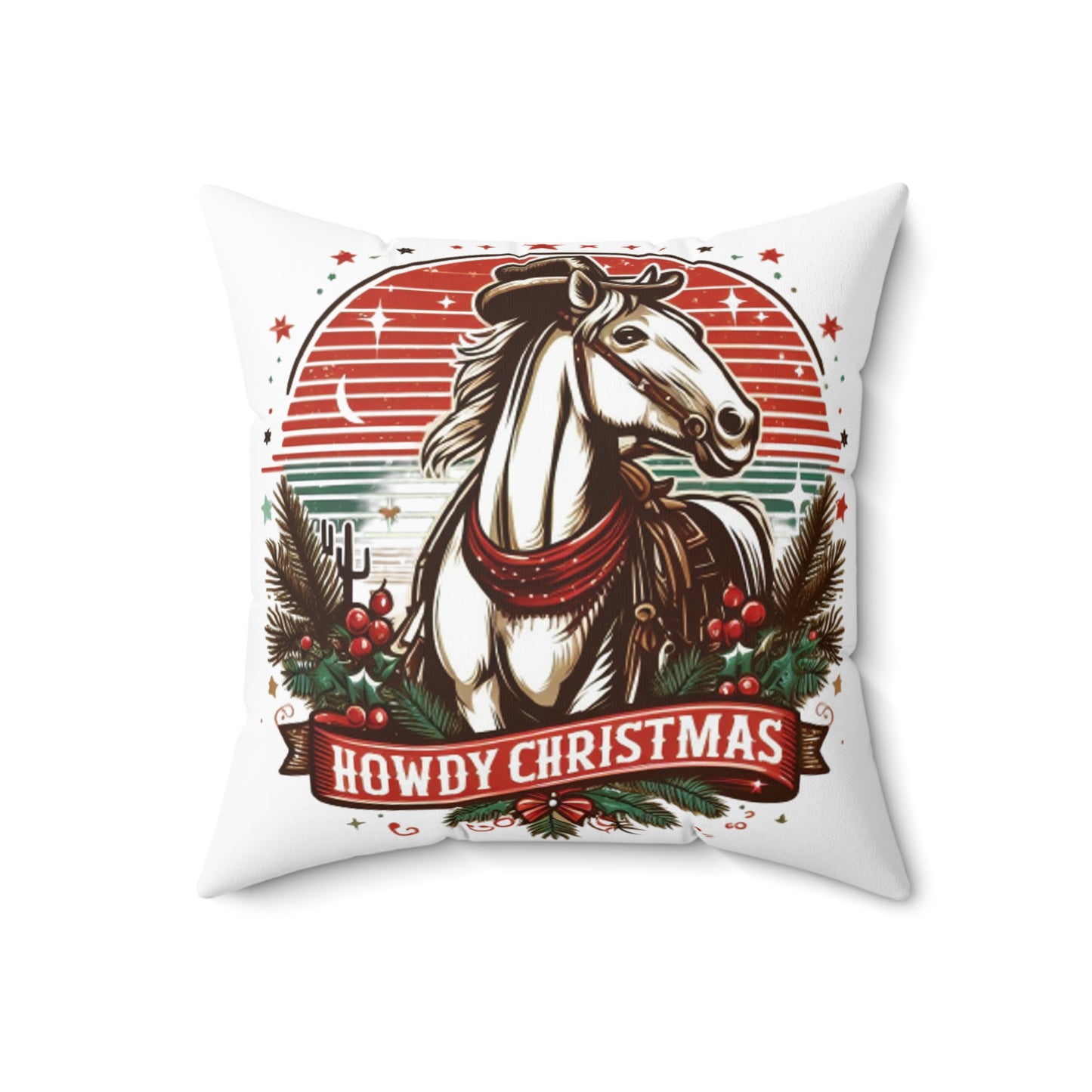 Countryside Christmas Greetings - Rustic Howdy Christmas with Holly-Adorned Horse and Sunset Backdrop - Spun Polyester Square Pillow