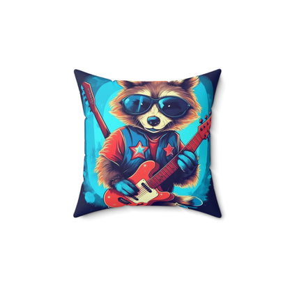 Rock Star Raccoon - Animal Musician Playing Guitar Spun Polyester Square Pillow