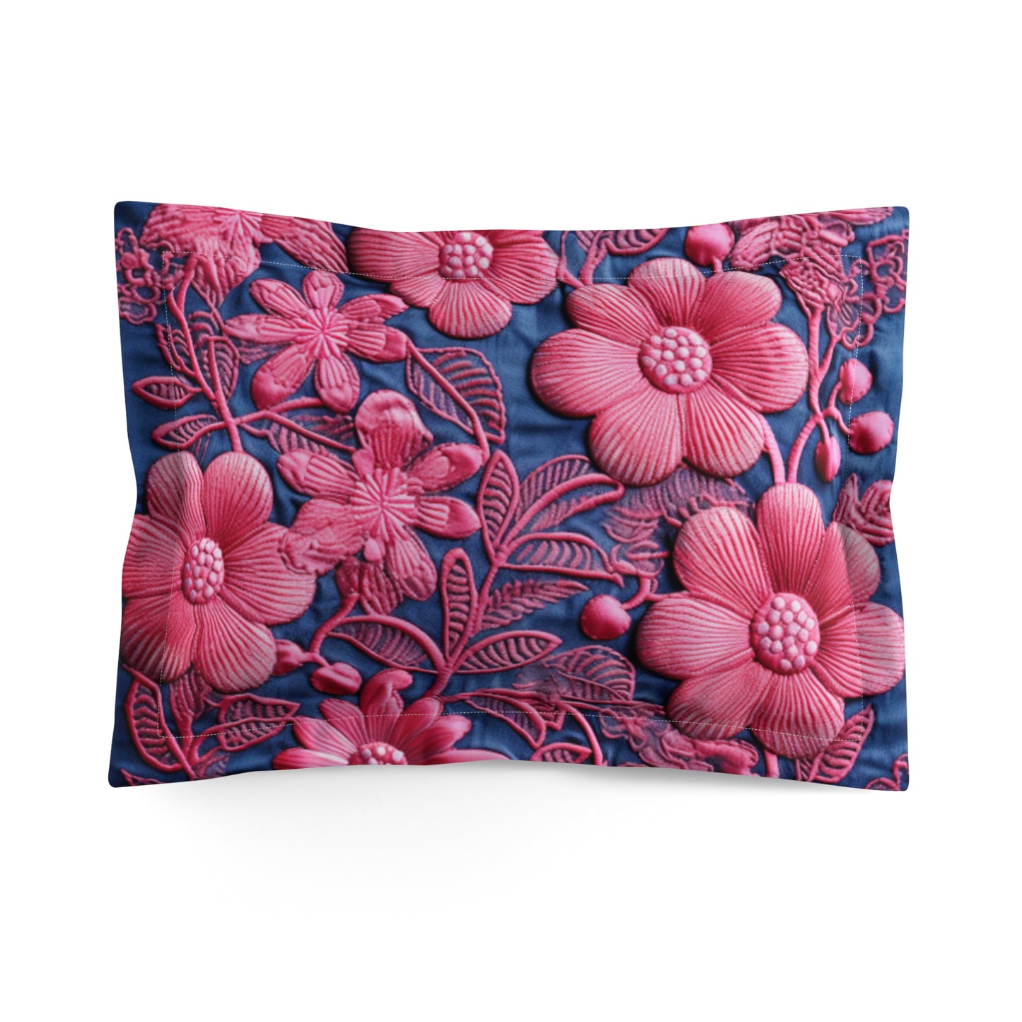 Denim Blue Doll Pink Floral Embroidery Style Fabric Flowers - Microfiber Pillow Sham