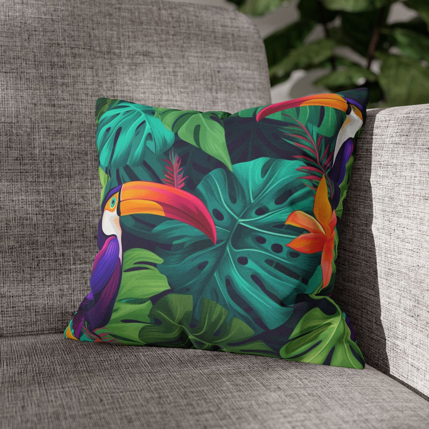 Vivid Tropical Birds & Leaves - Seamless Pattern Spun Polyester Square Pillow Case