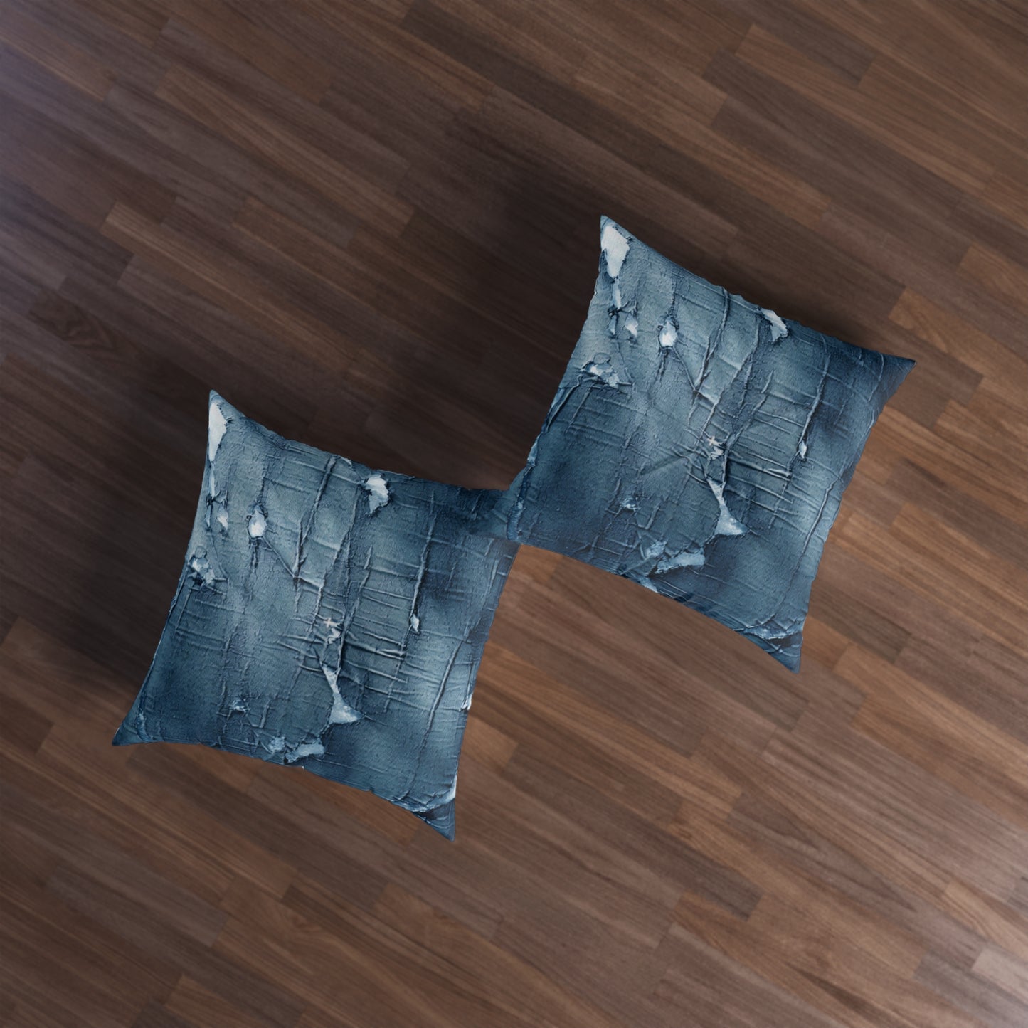 Distressed Blue Denim-Look: Edgy, Torn Fabric Design - Tufted Floor Pillow, Square