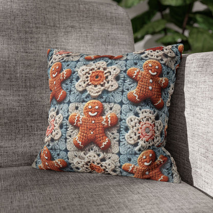 Christmas Holiday Delight: Crocheted Gingerbread Smile Pattern with Lace Snowflakes - Spun Polyester Square Pillow Case