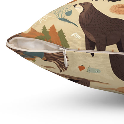 U.S. Wilderness Inspired: Grizzly Bears, Animals Pattern Spun Polyester Square Pillow