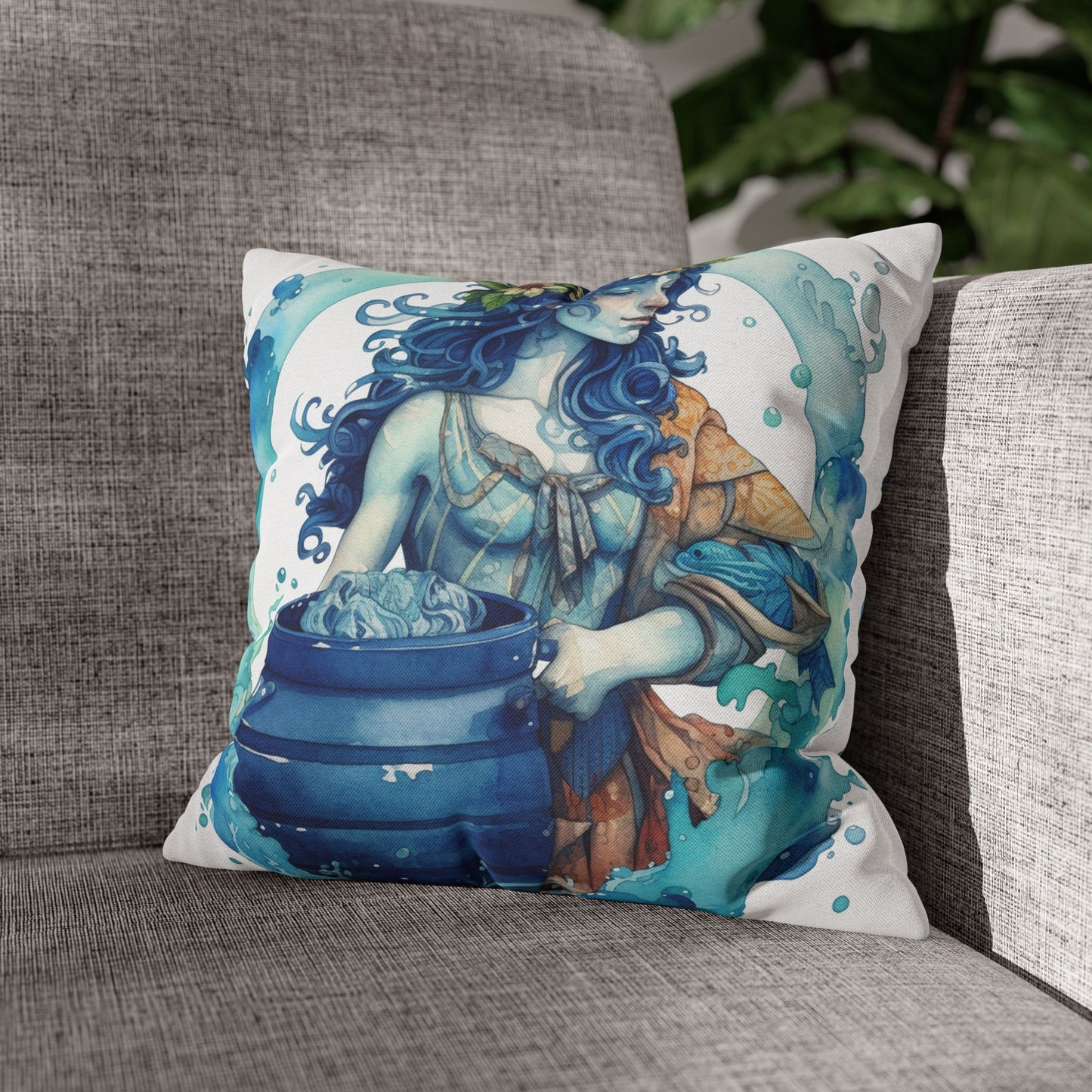 Artistic Aquarius Zodiac - Watercolor Water-Bearer Depiction - Spun Polyester Square Pillow Case