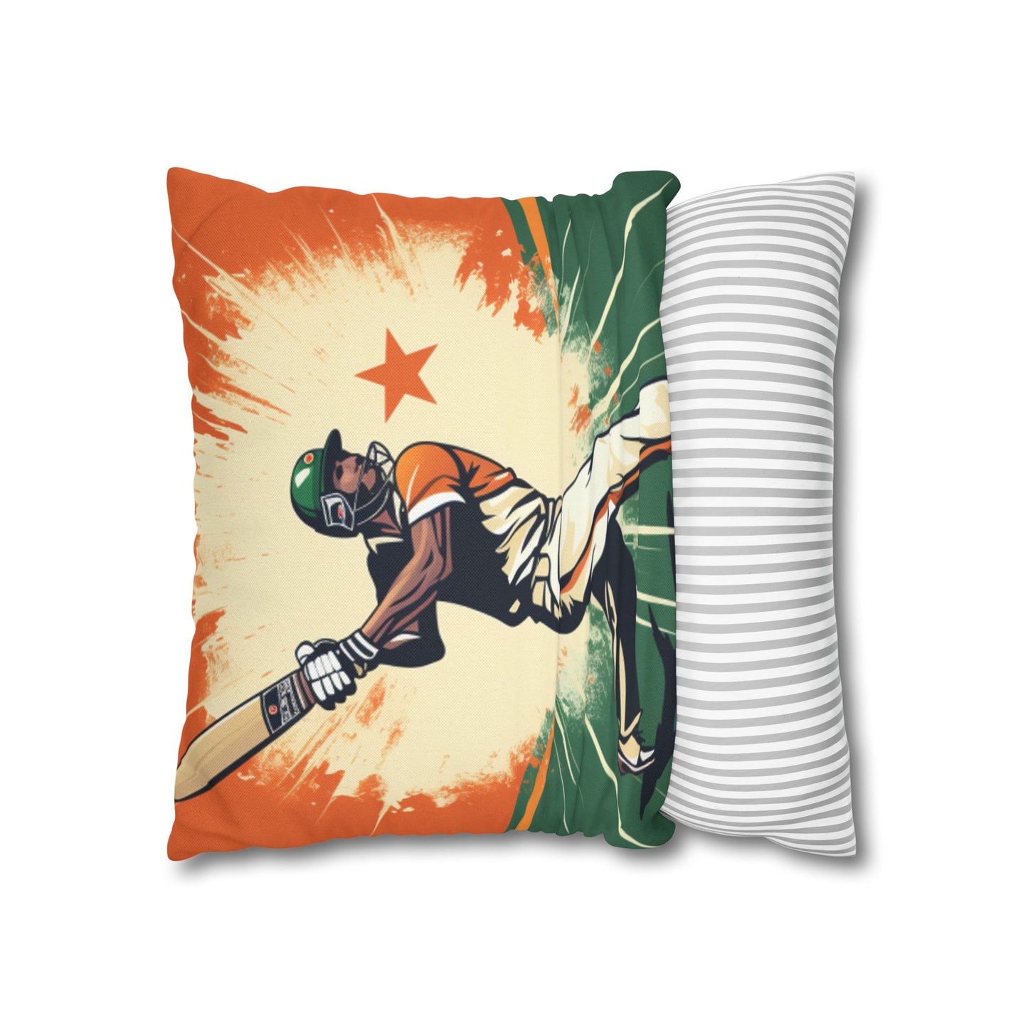 India Cricket Star: Batsman With Willow Bat, National Flag Style - Sport Game - Spun Polyester Square Pillow Case