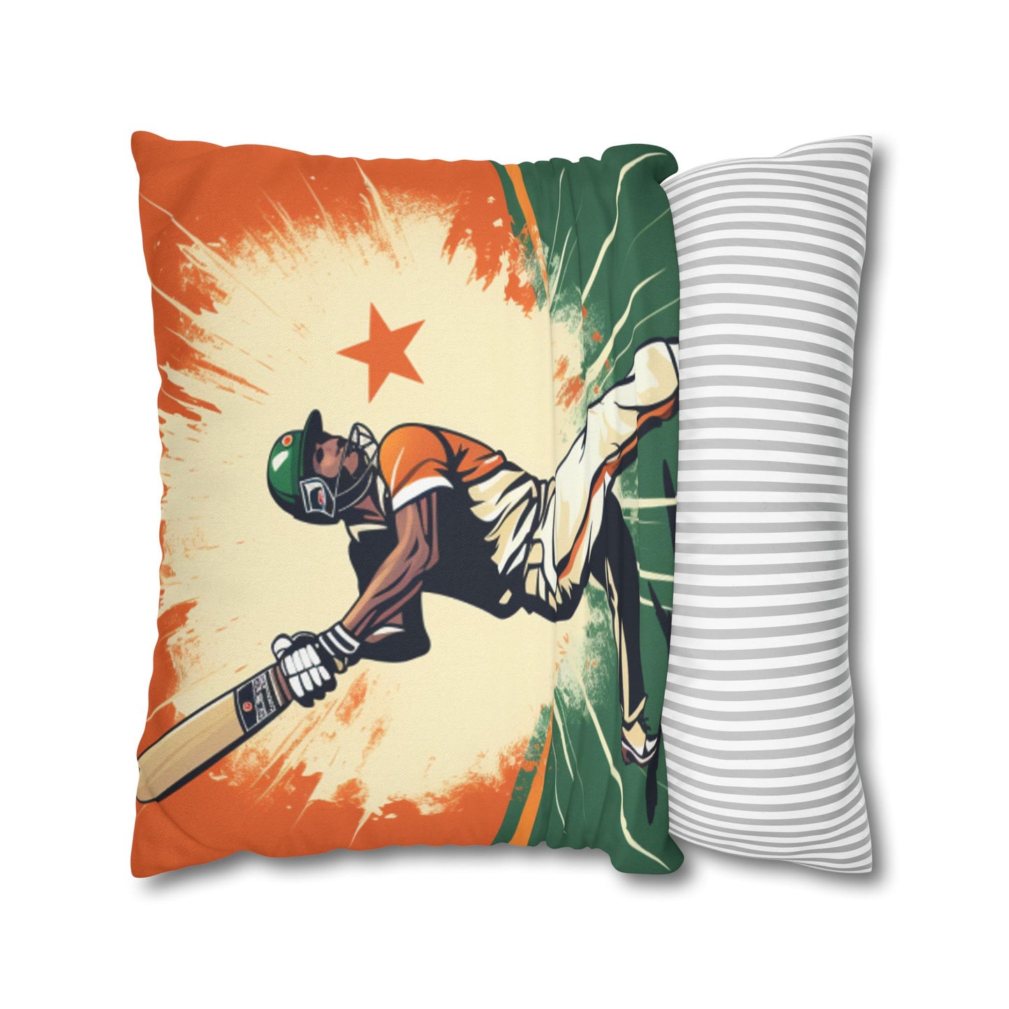 India Cricket Star: Batsman With Willow Bat, National Flag Style - Sport Game - Spun Polyester Square Pillow Case