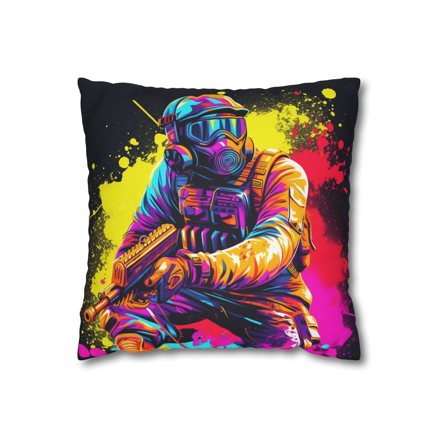 Paintball Action Sport: Player in Battle, Paint Splatter - Spun Polyester Square Pillow Case