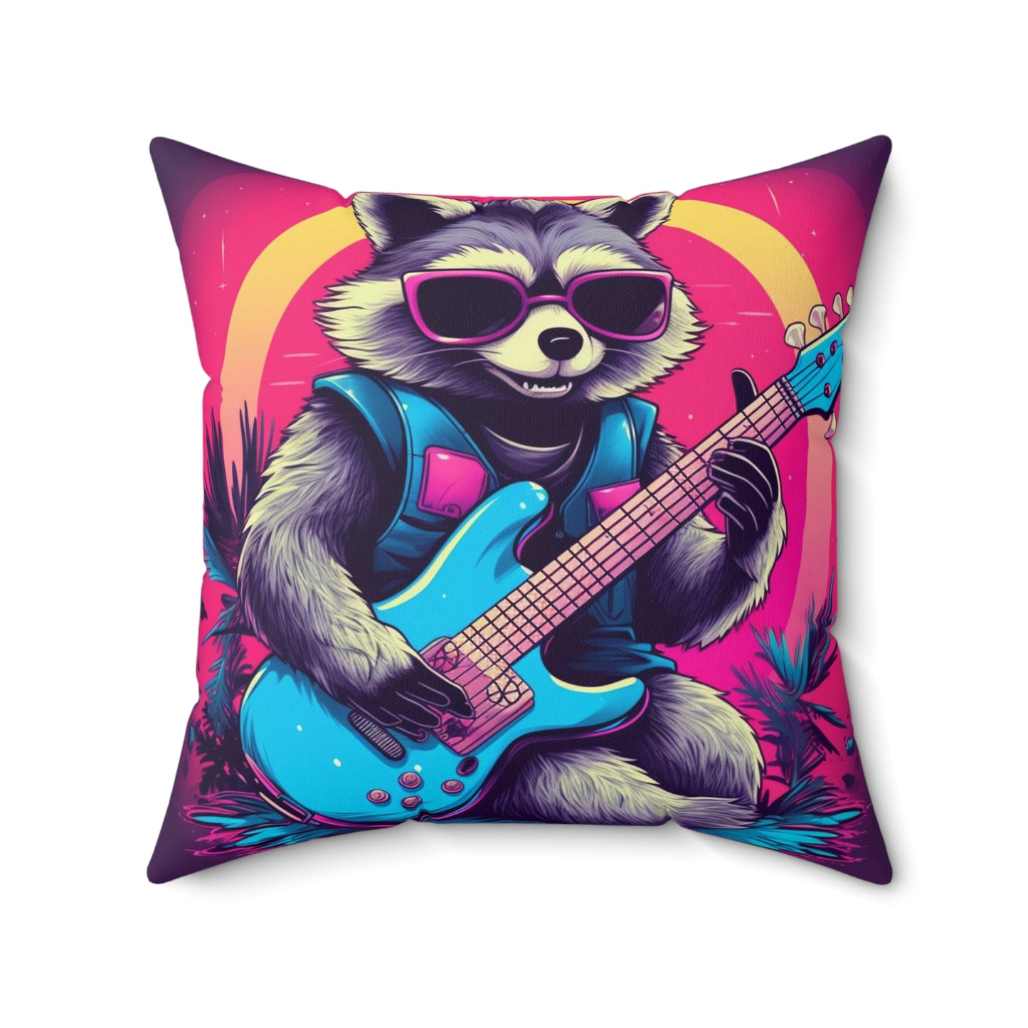 Guitar-Playing Raccoon: Furry Star of Rock Music Spun Polyester Square Pillow