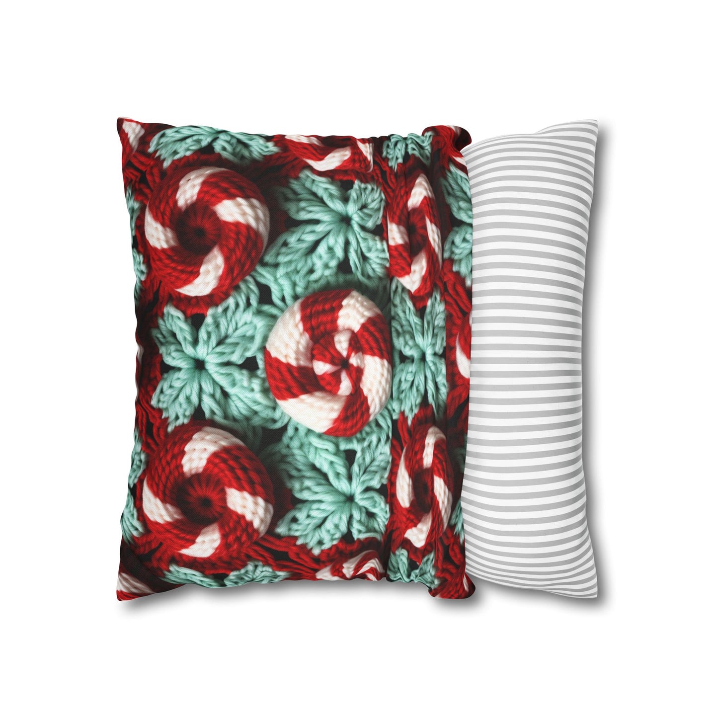 Christmas Crochet Candy Cane - Pepper Red Crystal White Holiday Pattern - Spun Polyester Square Pillow Case