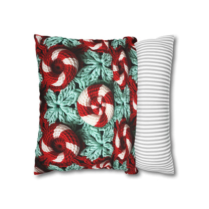 Christmas Crochet Candy Cane - Pepper Red Crystal White Holiday Pattern - Spun Polyester Square Pillow Case