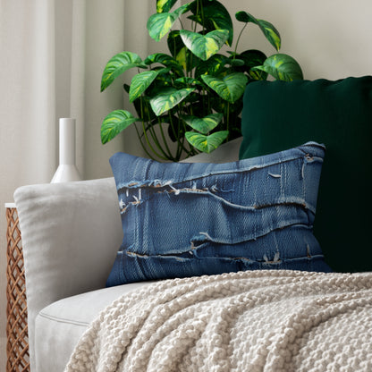 Midnight Blue Distressed Denim: Rugged, Torn & Stylish Design - Spun Polyester Lumbar Pillow