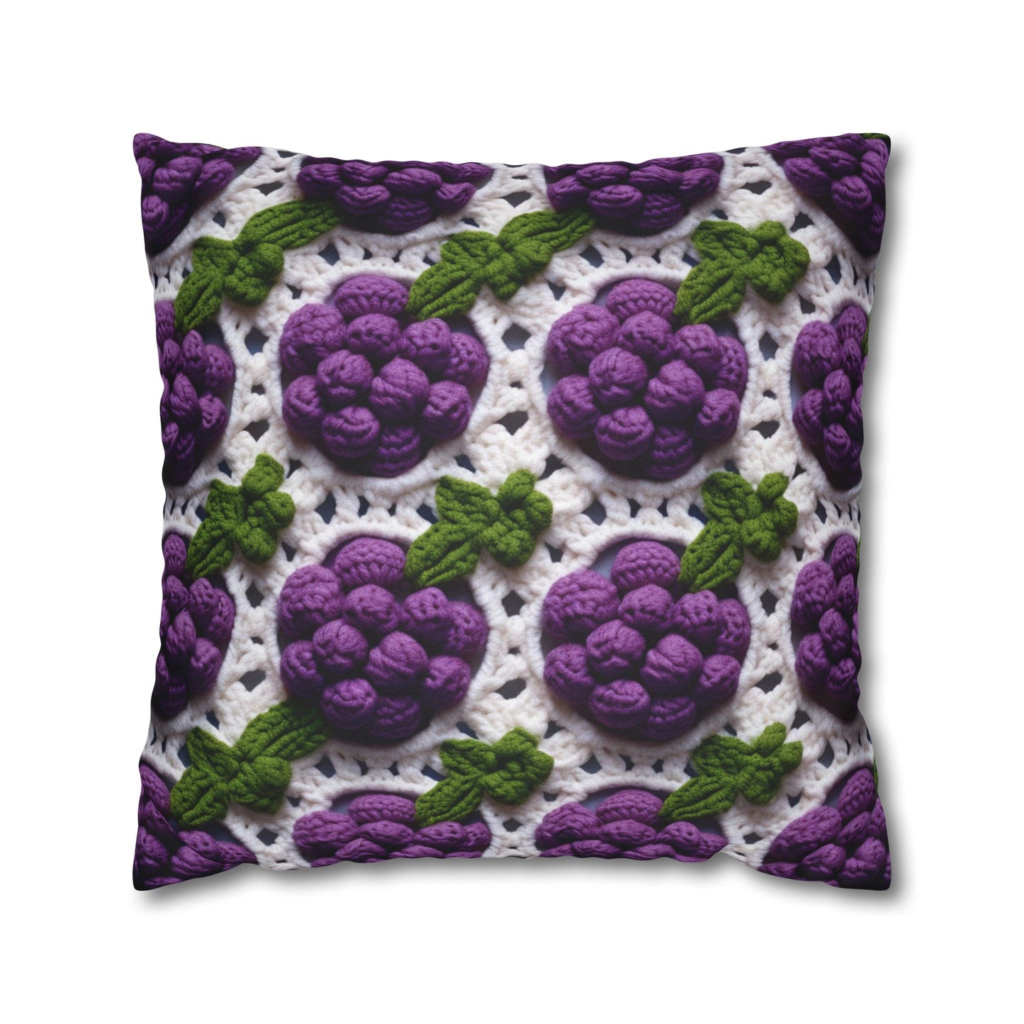 Crochet Grapes Pattern - Granny Square Design - Fresh Fruit Pick - Orchard Purple Snack Food - Spun Polyester Square Pillow Case