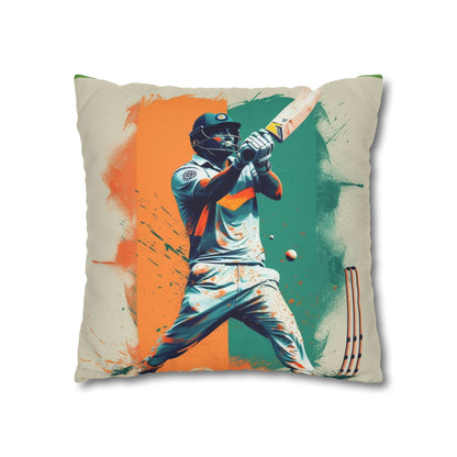 Cricket Batsman, Ball Strike, Indian Flag Color Background - Street Style - Spun Polyester Square Pillow Case