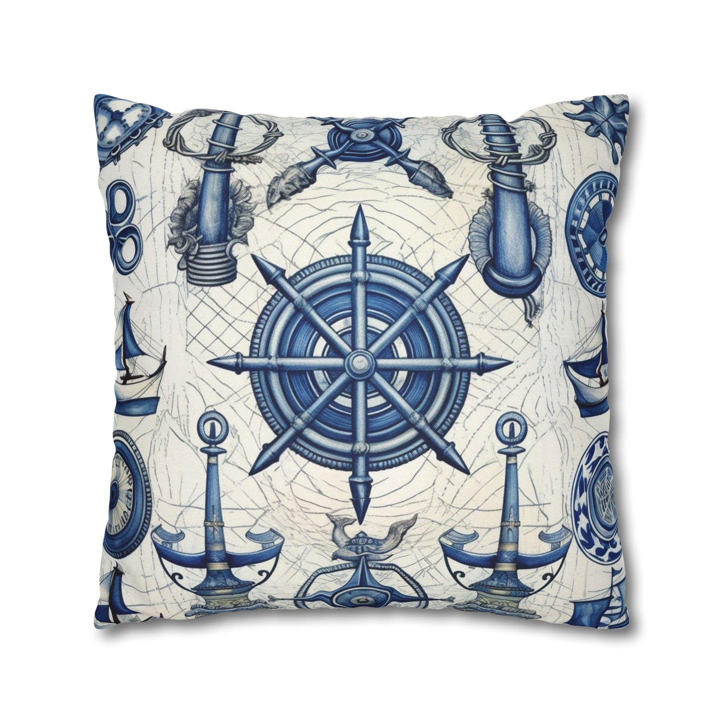 Nautical Theme Art - Anchors, Ropes, Compass Spun Polyester Square Pillow Case