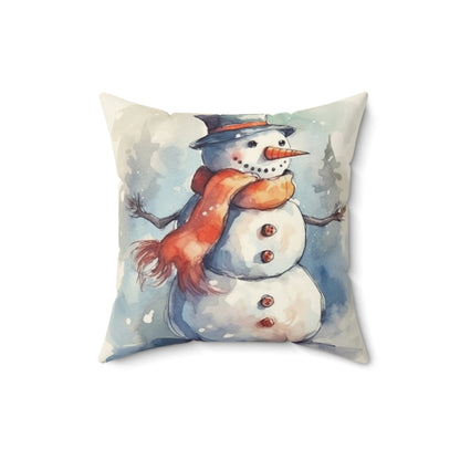 Frosty Winter Snowman - Spun Polyester Square Pillow