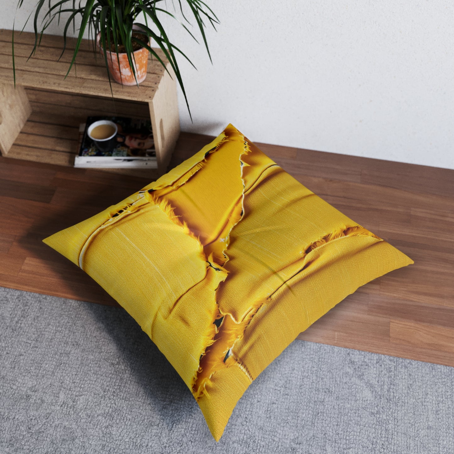 Banana Yellow Lemon: Bold Distressed, Denim-Inspired Fabric - Tufted Floor Pillow, Square