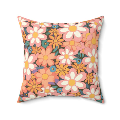 Groovy 1960s 1970s Pink & Orange Daisy Mod Floral - Spun Polyester Square Pillow