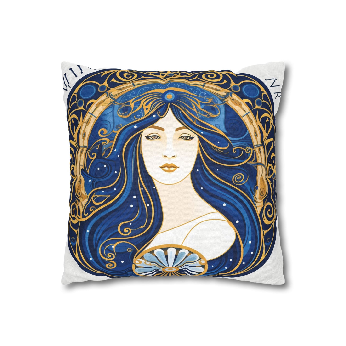 Virgo Zodiac Circular Symmetry in Gold Royal Blue - Spun Polyester Square Pillow Case