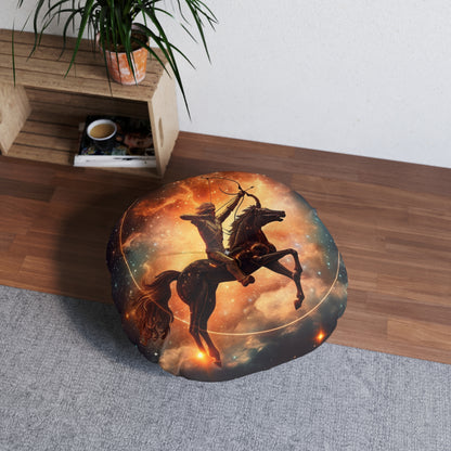 Sagittarius Constellation Totem - Archer in Action Zodiac Symbol - Tufted Floor Pillow, Round