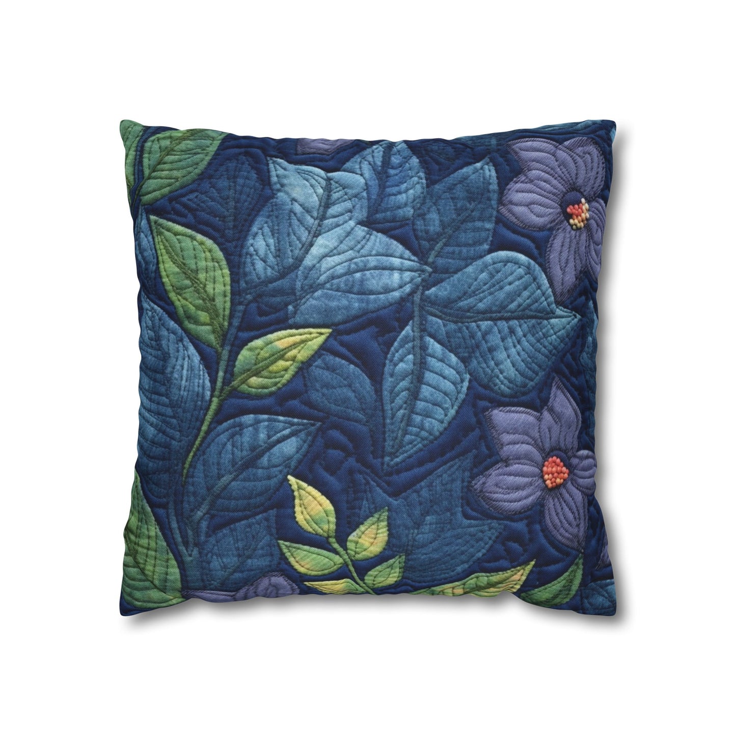 Floral Embroidery Blue: Denim-Inspired, Artisan-Crafted Flower Design - Spun Polyester Square Pillow Case