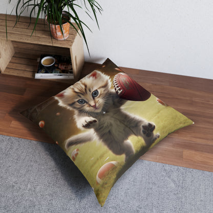 Football Kitty Fantasy: Feline Cat American Sport Quarterback - Tufted Floor Pillow, Square