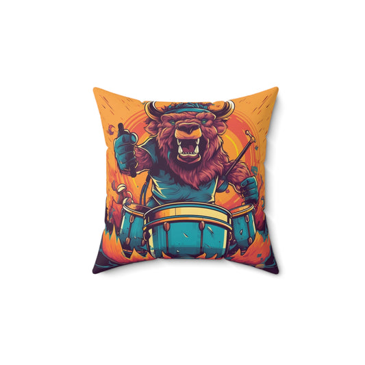 American Bison Drum Player Musician Graphic Spun Polyester Square Pillow