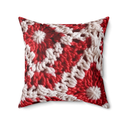 Warm Winter Red & White Crochet Knit: Cinematic Chic Texture Design - Spun Polyester Square Pillow