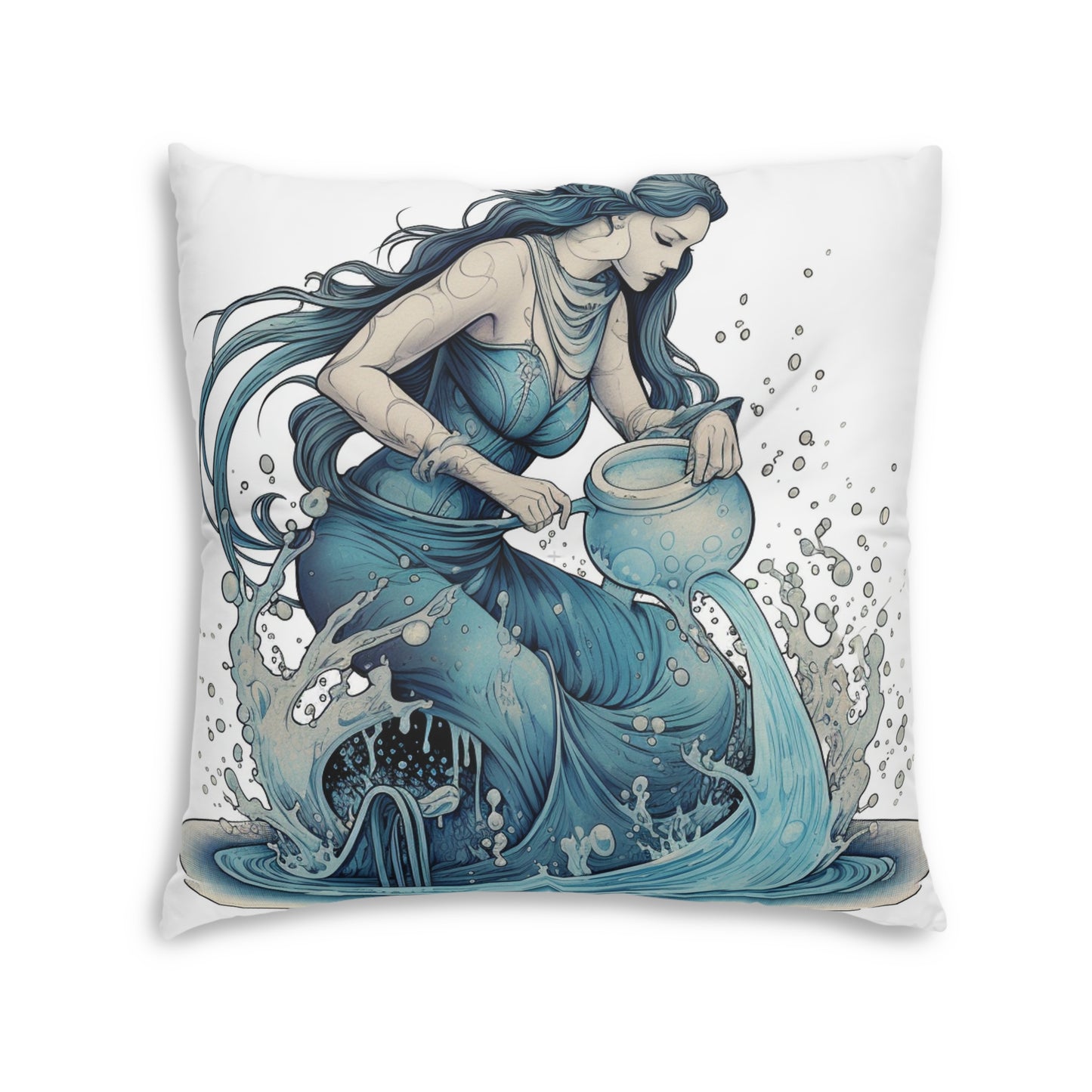 Aquarius Zodiac Symbol - Girl Pouring Water, Hand-Drawn Style - Tufted Floor Pillow, Square