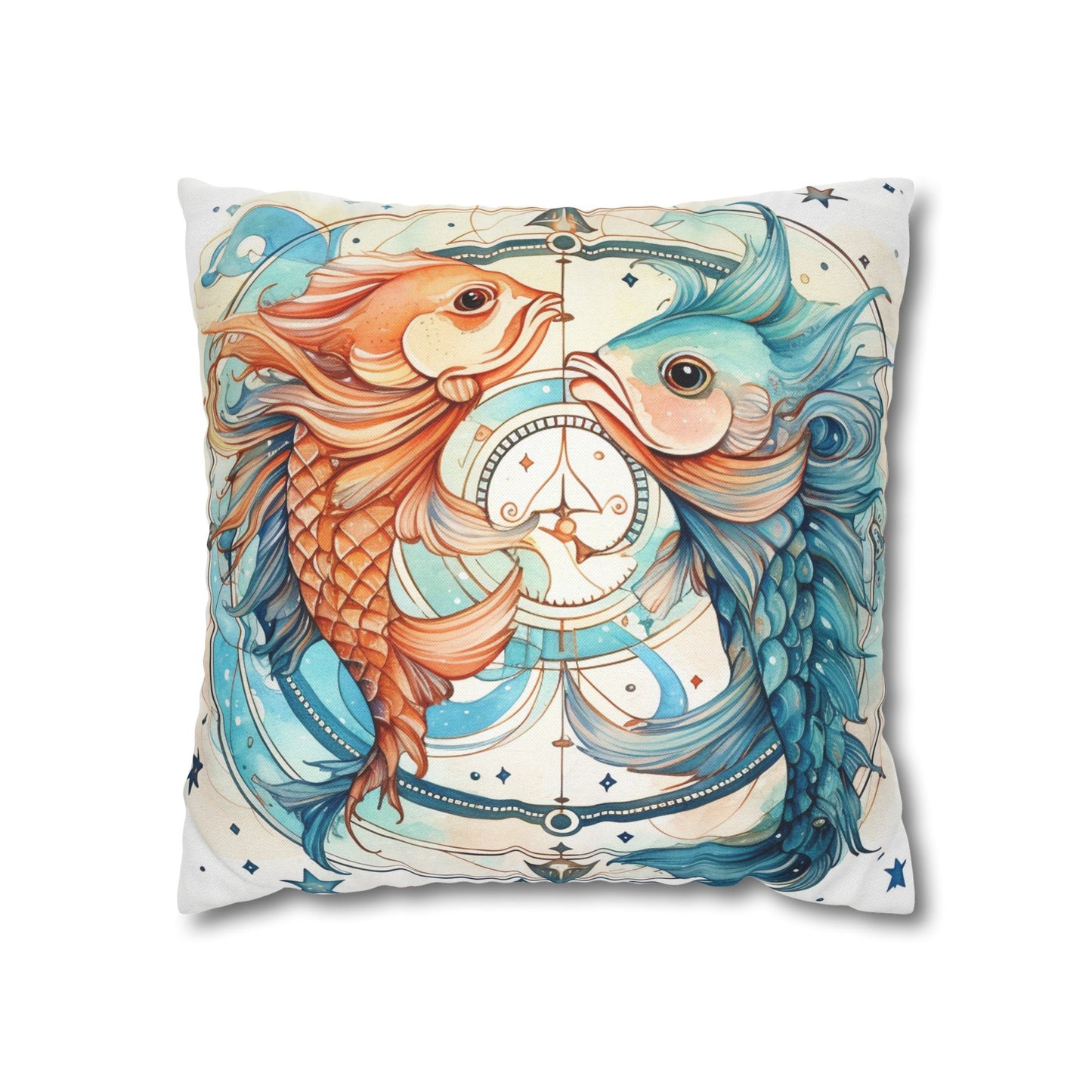 Pisces Zodiac Horoscope - Starry Watercolor & Ink, Hyper-Detailed Fish Spun Polyester Square Pillow Case