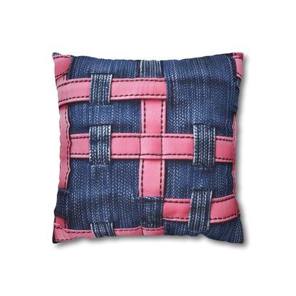 Candy-Striped Crossover: Pink Denim Ribbons Dancing on Blue Stage - Spun Polyester Square Pillow Case