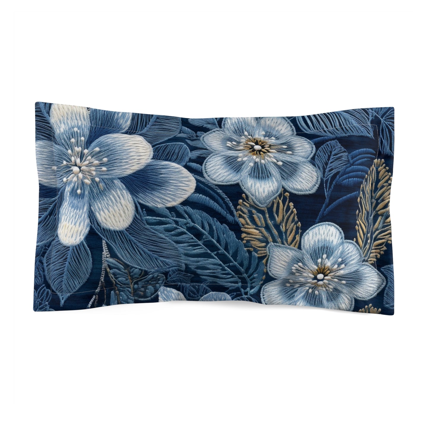 Flower Blossom Embroidery Floral on Denim Style - Microfiber Pillow Sham