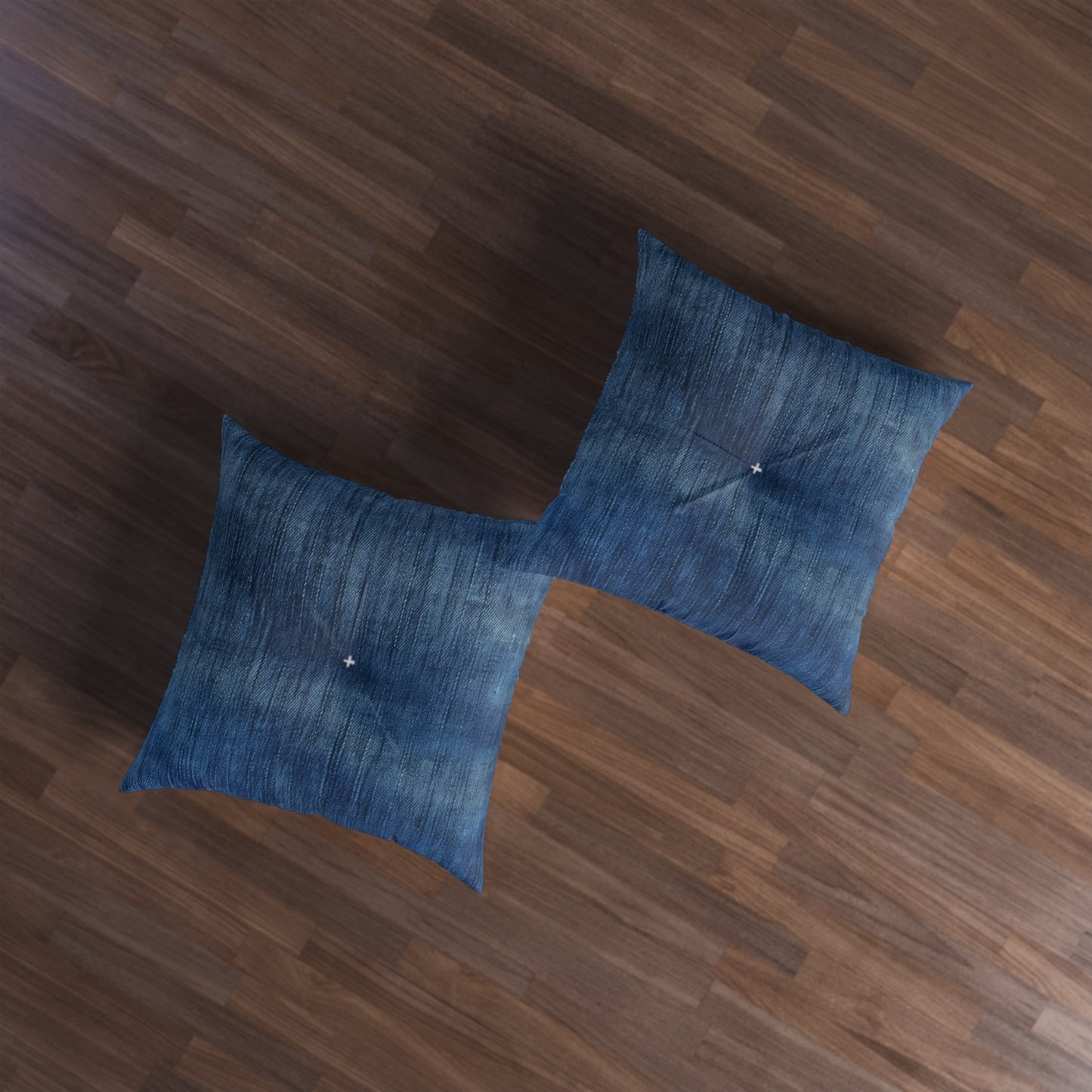 Indigo Splash: Washed Denim Reverie in Deep Blue - Tufted Floor Pillow, Square