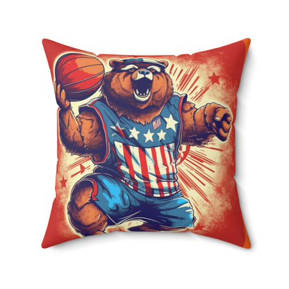 Slam Dunk for Independence:Patriotic Bear's 4th of July Basketball Game Spun Polyester Square Pillow