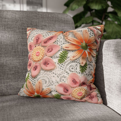 Floral Embroidered Eyelet: Delicate Flower Elegant Pattern - Spun Polyester Square Pillow Case