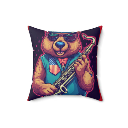 Jazz Stars and Stripes: Celebrate 4th of July with the Patriotic Bear's Saxophone Spun Polyester Square Pillow