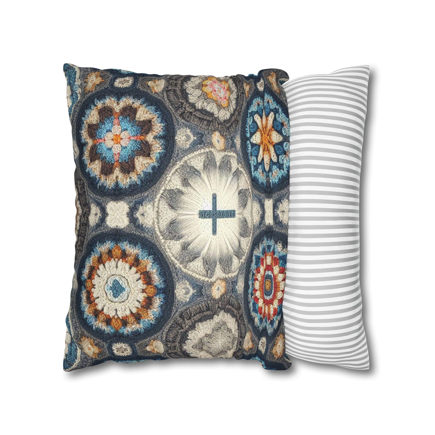 Bohemian Crochet Mandala with Centered Christian Cross - Earthy Tones Mosaic - Spun Polyester Square Pillow Case