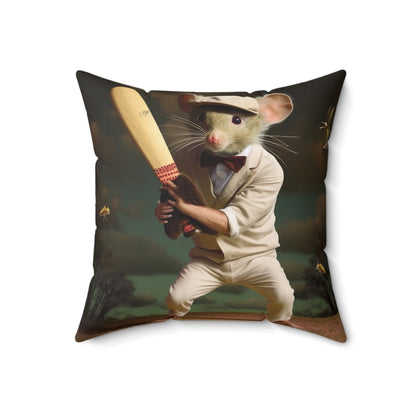 Mouse Cricket Batting, Wicket, Ball Hitting Stump, Howzat Moment - Spun Polyester Square Pillow