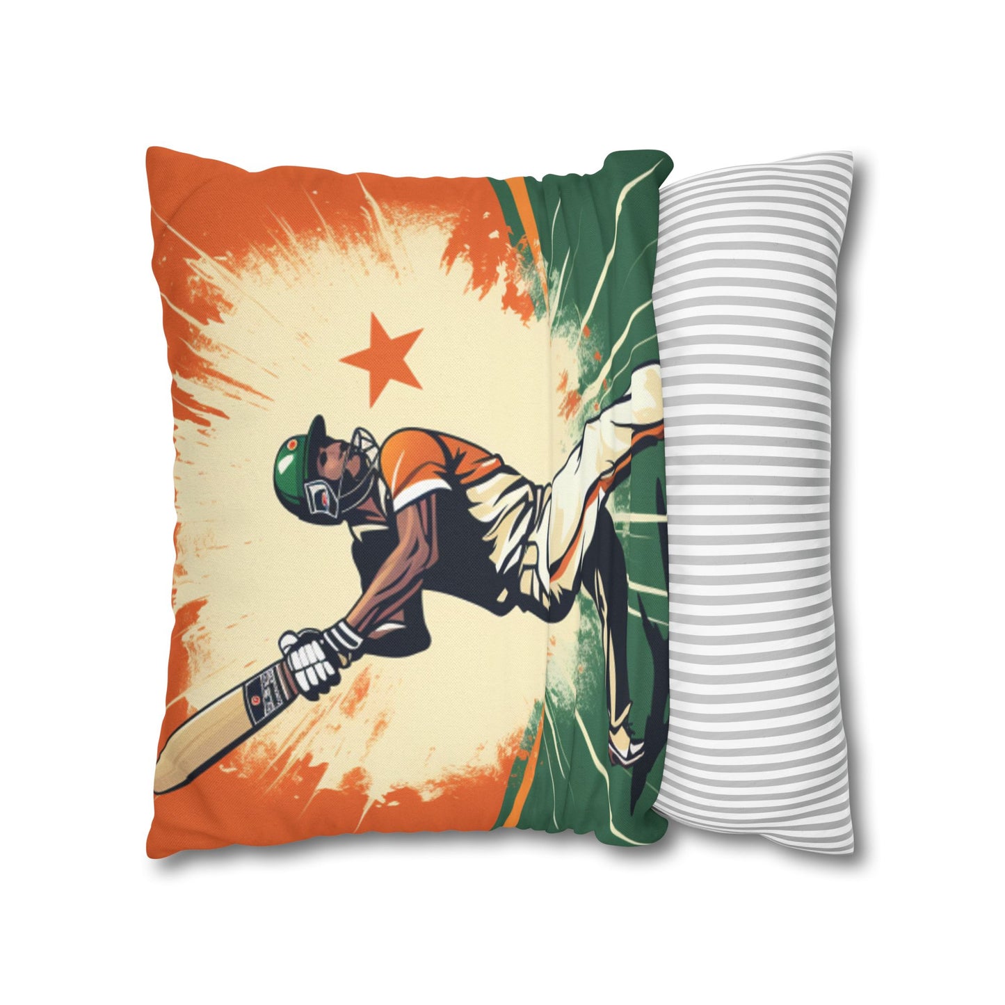 India Cricket Star: Batsman With Willow Bat, National Flag Style - Sport Game - Spun Polyester Square Pillow Case