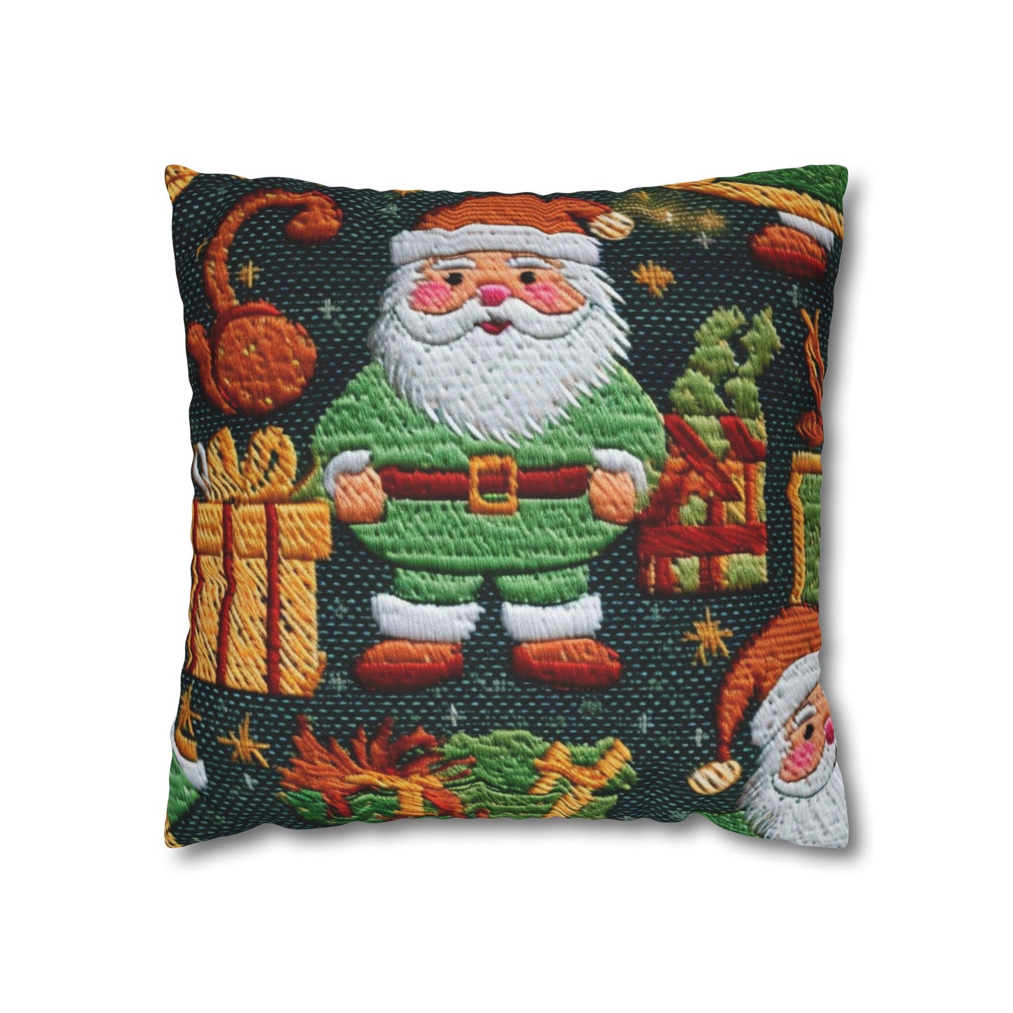 Christmas Santa Claus - Embroidered Presents - Festive Winter Wonderland - Deck the Halls Design - Spun Polyester Square Pillow Case